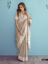 Light Brown Soft Linen Silk Saree With Chikankari Weaved Border