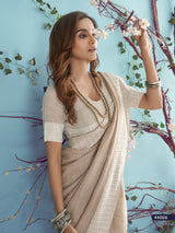 Light Brown Soft Linen Silk Saree With Chikankari Weaved Border
