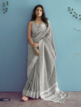 Grey Saree with Woven Border & Ivory Striped Pallu