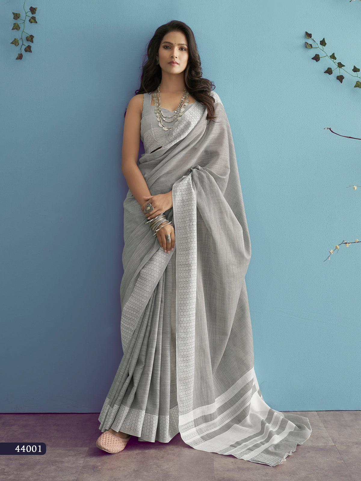 Grey Saree with Woven Border & Ivory Striped Pallu