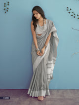 Grey Saree with Woven Border & Ivory Striped Pallu