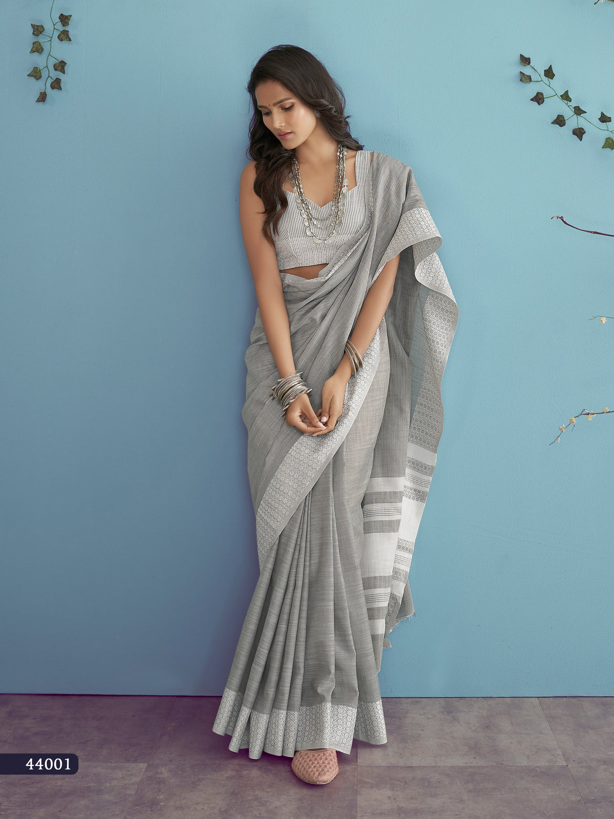 Grey Saree with Woven Border & Ivory Striped Pallu