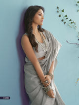 Grey Saree with Woven Border & Ivory Striped Pallu