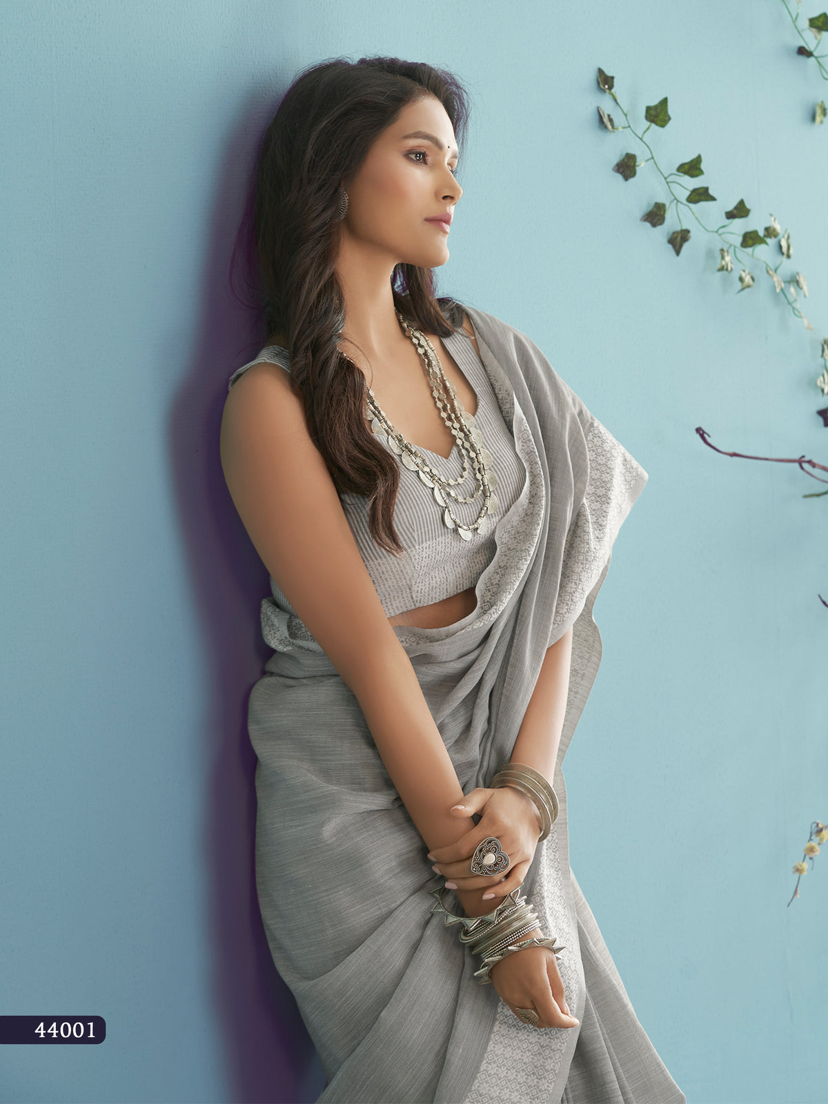 Grey Saree with Woven Border & Ivory Striped Pallu