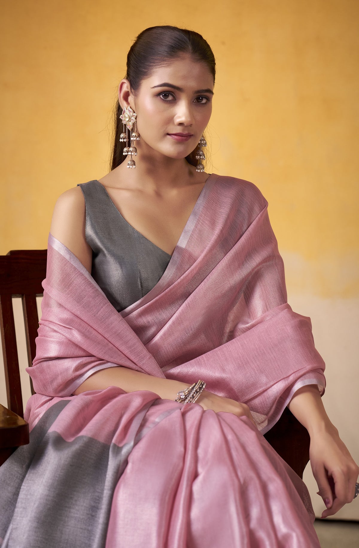 Dusty Rose Tissue Silk Saree with Graphite Grey Pallu