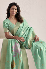 Green Soft Linen Saree with Jacquard Pallu