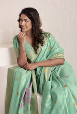 Green Soft Linen Saree with Jacquard Pallu