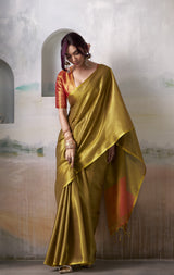 Olive Gold Tissue Silk Saree with Orange Contrast Pallu
