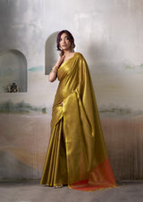 Olive Gold Tissue Silk Saree with Orange Contrast Pallu