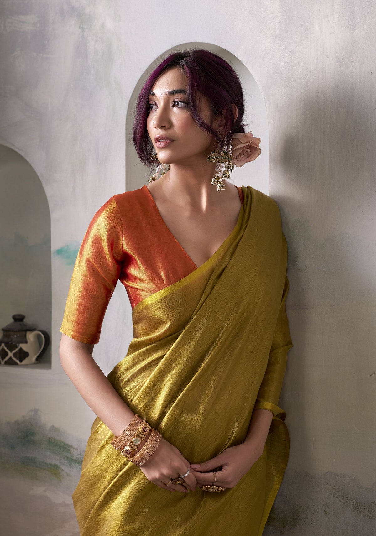 Olive Gold Tissue Silk Saree with Orange Contrast Pallu