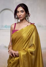 Mustard Gold Tissue Silk Saree with Fuchsia Pink Contrast Pallu