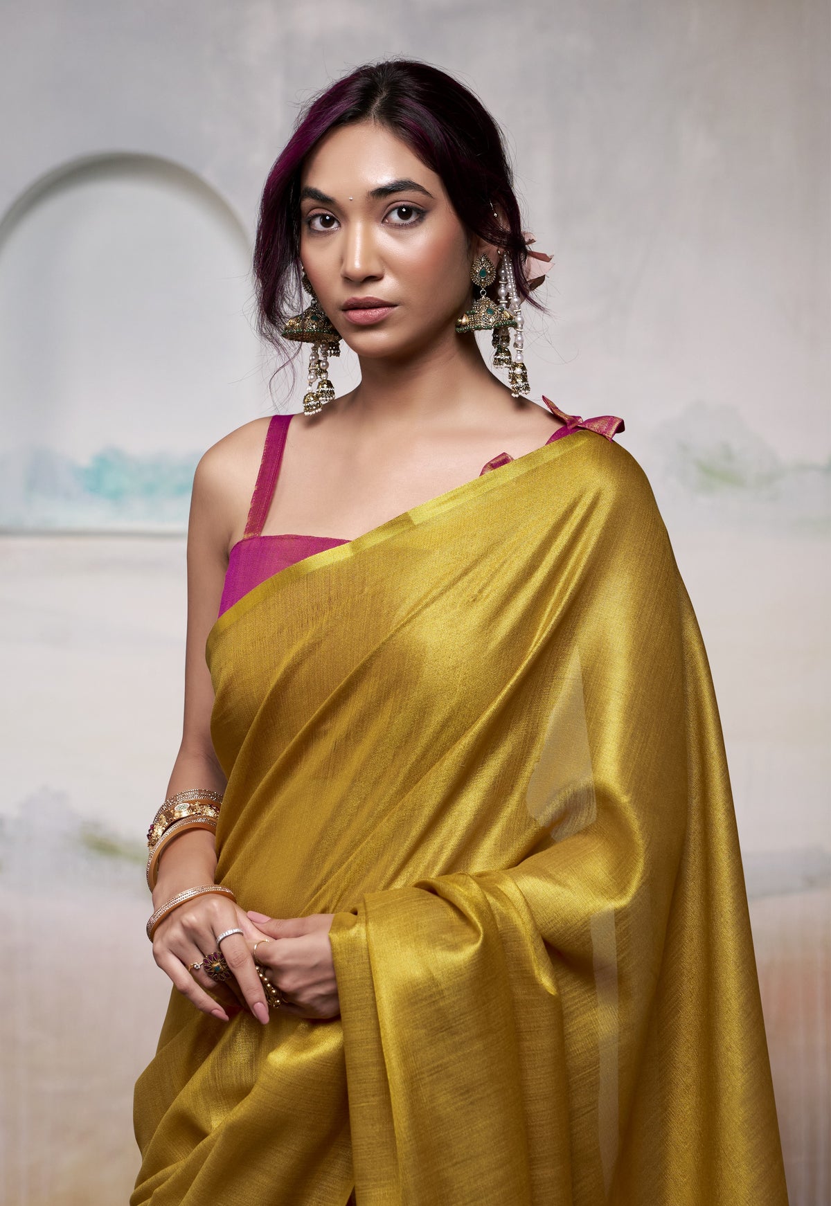 Mustard Gold Tissue Silk Saree with Fuchsia Pink Contrast Pallu