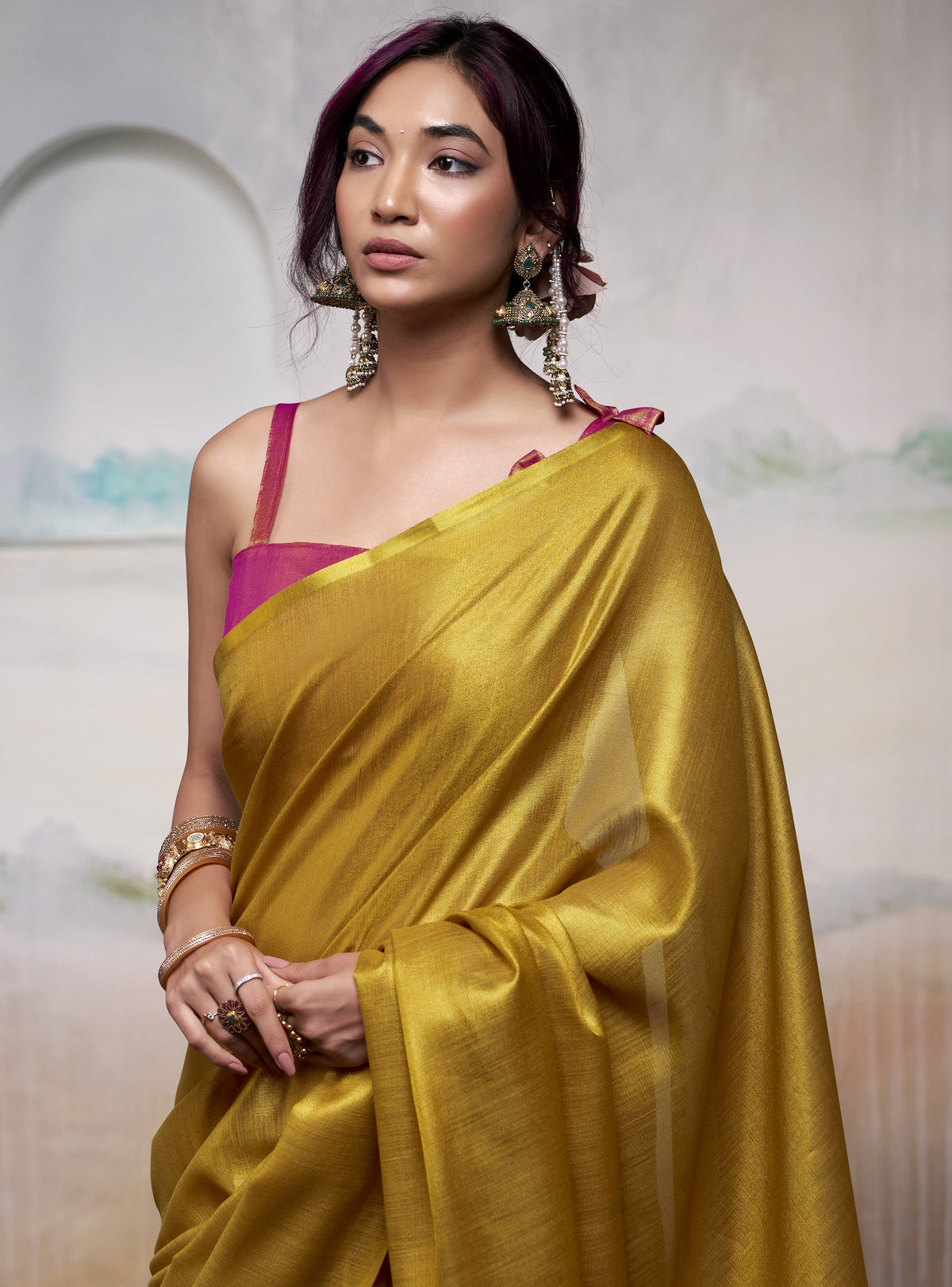 Mustard Gold Tissue Silk Saree with Fuchsia Pink Contrast Pallu