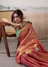 Coral Rose Tissue Silk Saree with Mint Green Contrast Pallu