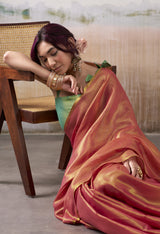 Coral Rose Tissue Silk Saree with Mint Green Contrast Pallu