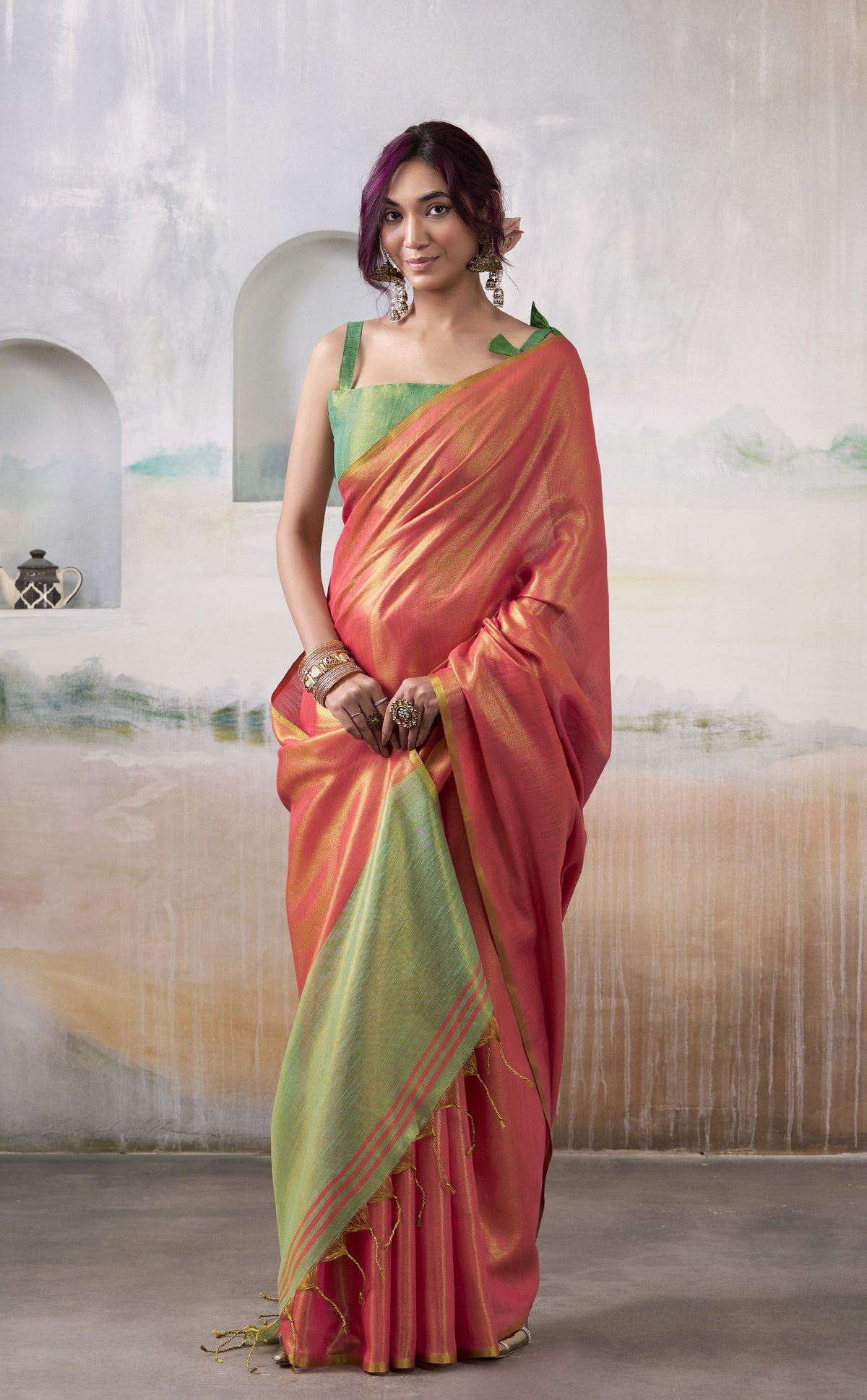 Coral Rose Tissue Silk Saree with Mint Green Contrast Pallu