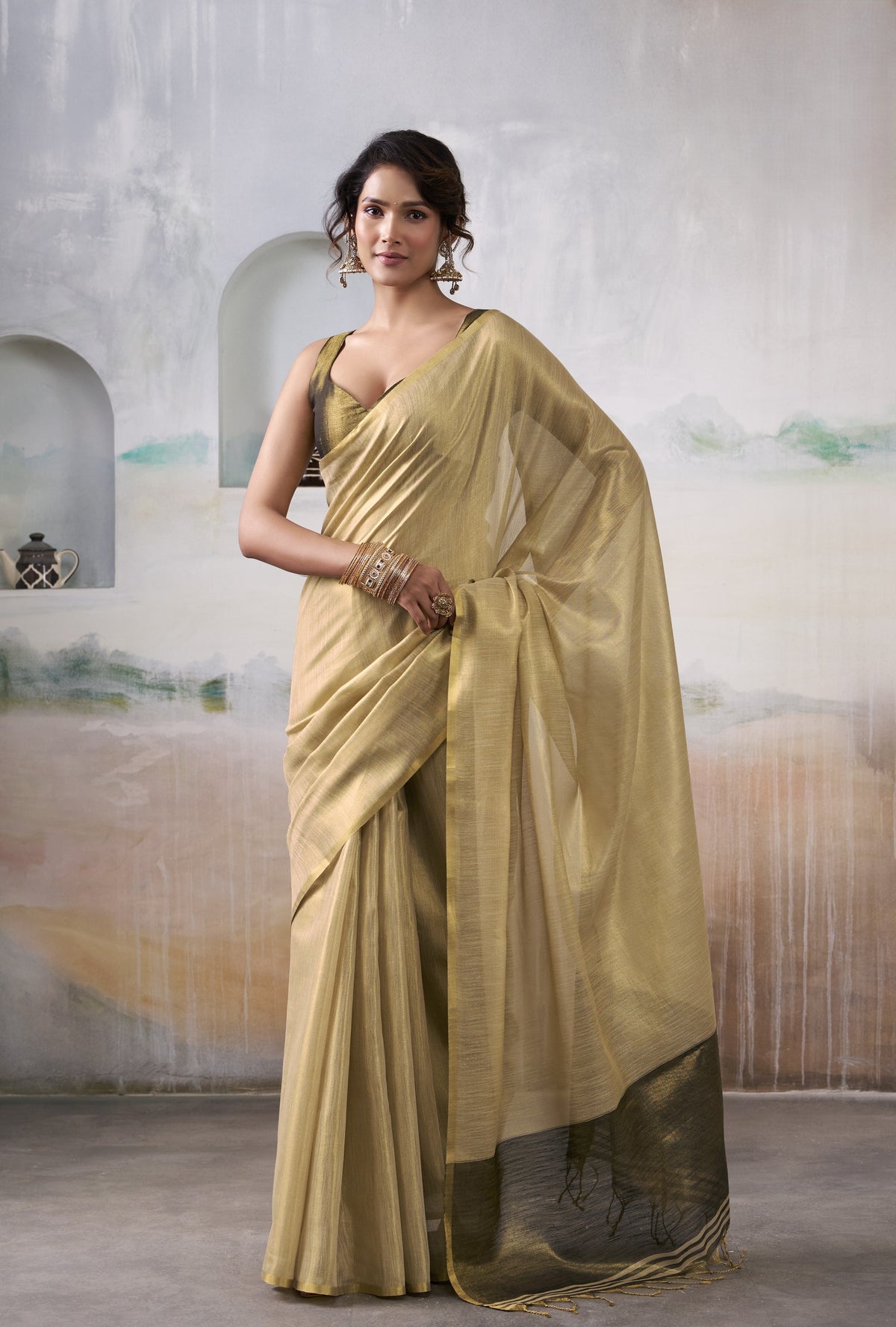 Champagne Gold Tissue Silk Saree with Antique Olive Contrast Pallu