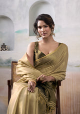 Champagne Gold Tissue Silk Saree with Antique Olive Contrast Pallu