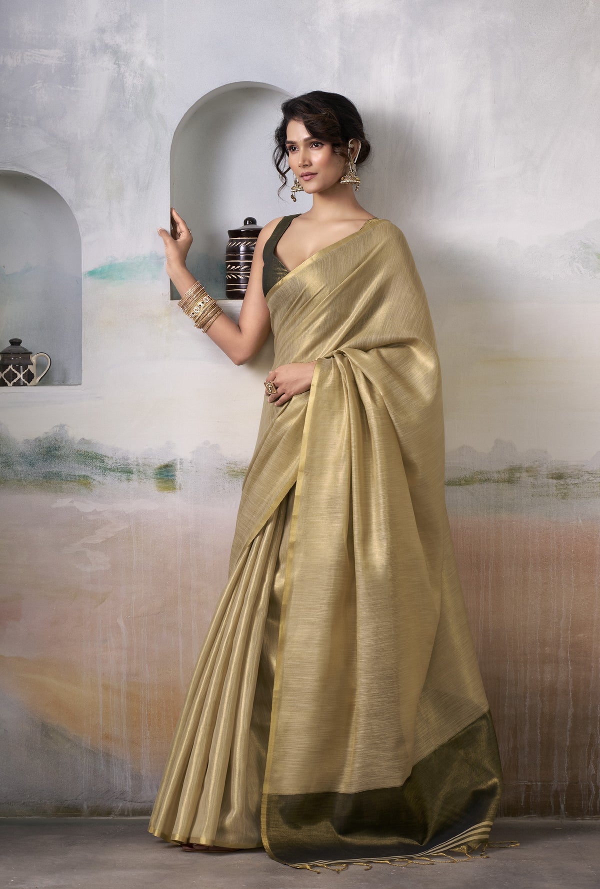 Champagne Gold Tissue Silk Saree with Antique Olive Contrast Pallu