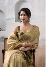 Champagne Gold Tissue Silk Saree with Antique Olive Contrast Pallu