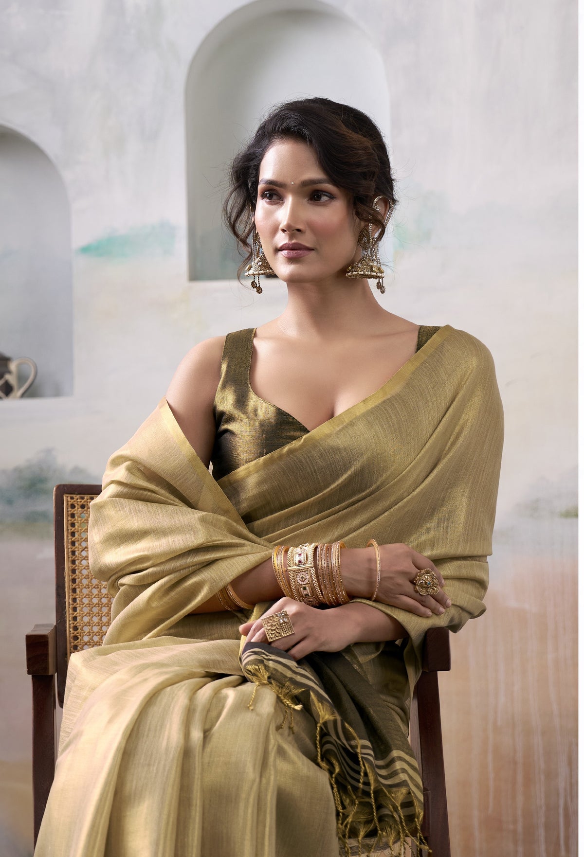 Champagne Gold Tissue Silk Saree with Antique Olive Contrast Pallu