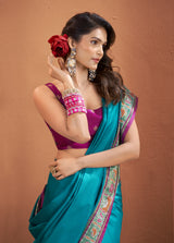 Teal Blue Patola Silk Saree with Multicolour Woven Border