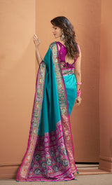 Teal Blue Patola Silk Saree with Multicolour Woven Border