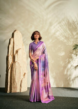 Purple Soft Handloom Silk Saree with Gold Floral Motifs & Pink Shading