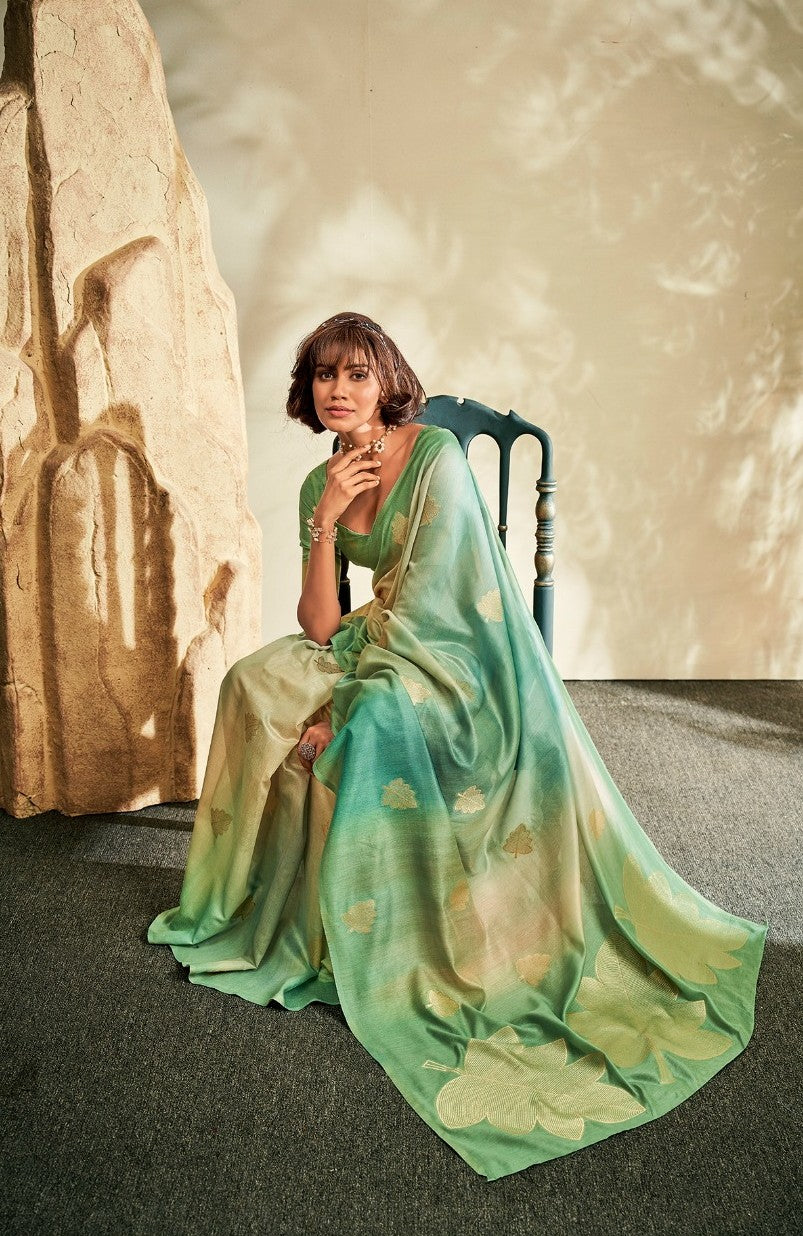 Light Green Soft Handloom Silk Saree with Gold Floral Motifs