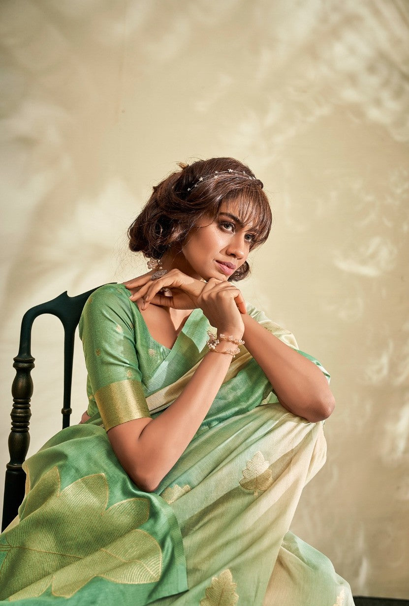 Light Green Soft Handloom Silk Saree with Gold Floral Motifs