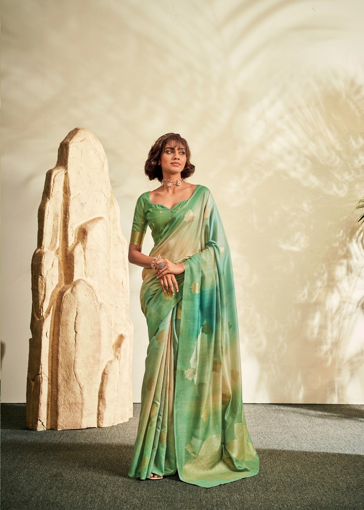 Light Green Soft Handloom Silk Saree with Gold Floral Motifs