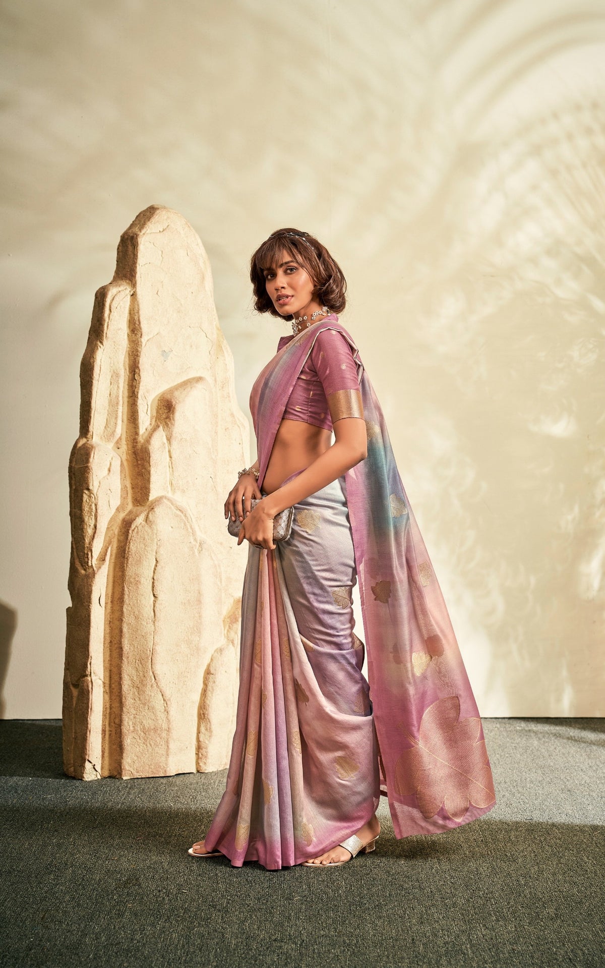 Pink Soft Handloom Silk Saree with Gold Floral Motifs