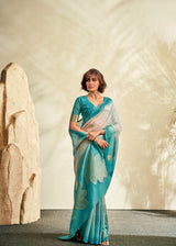 Aqua Blue Soft Handloom Silk Saree with Gold Leaf Motifs