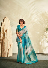 Aqua Blue Soft Handloom Silk Saree with Gold Leaf Motifs