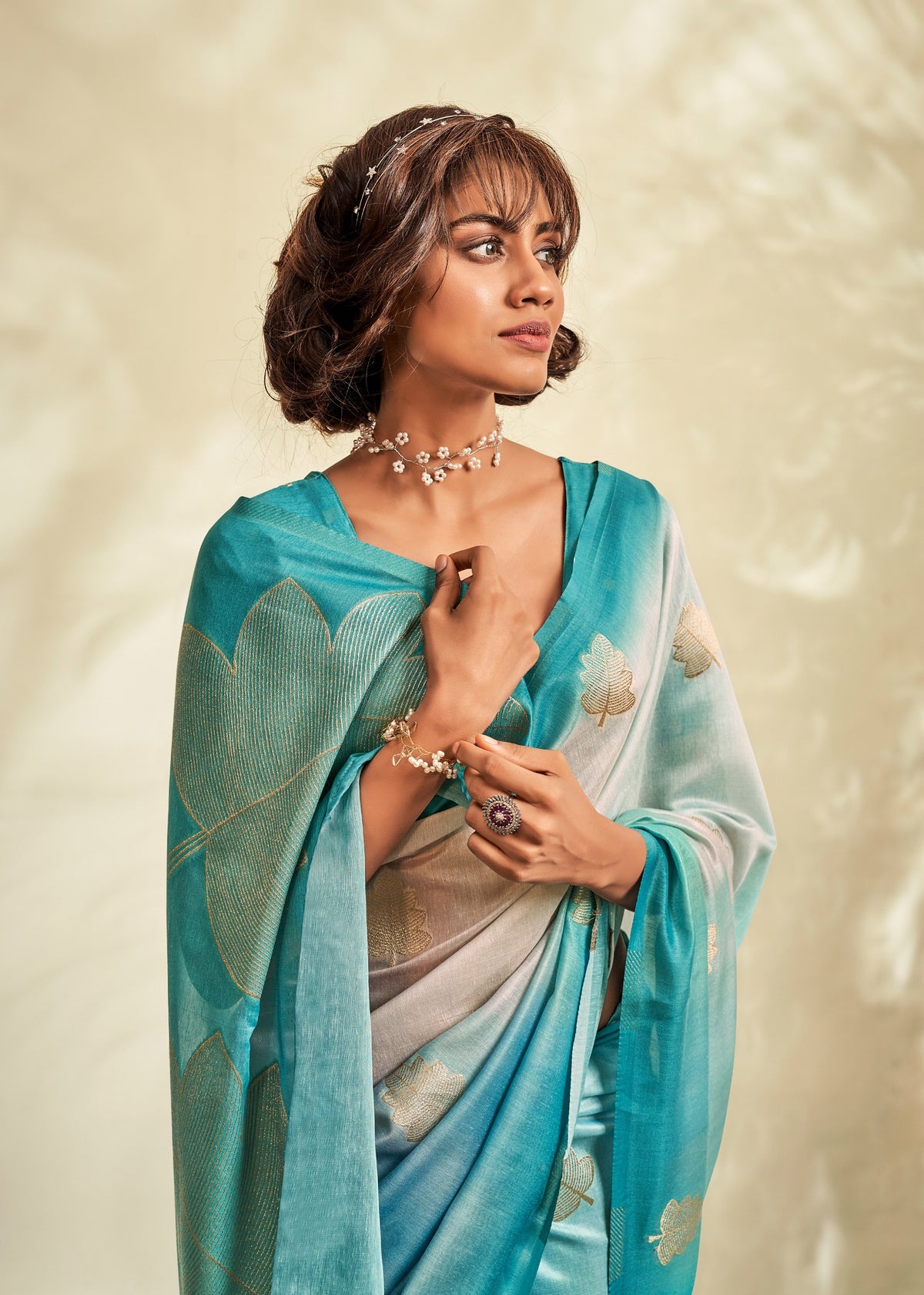 Aqua Blue Soft Handloom Silk Saree with Gold Leaf Motifs