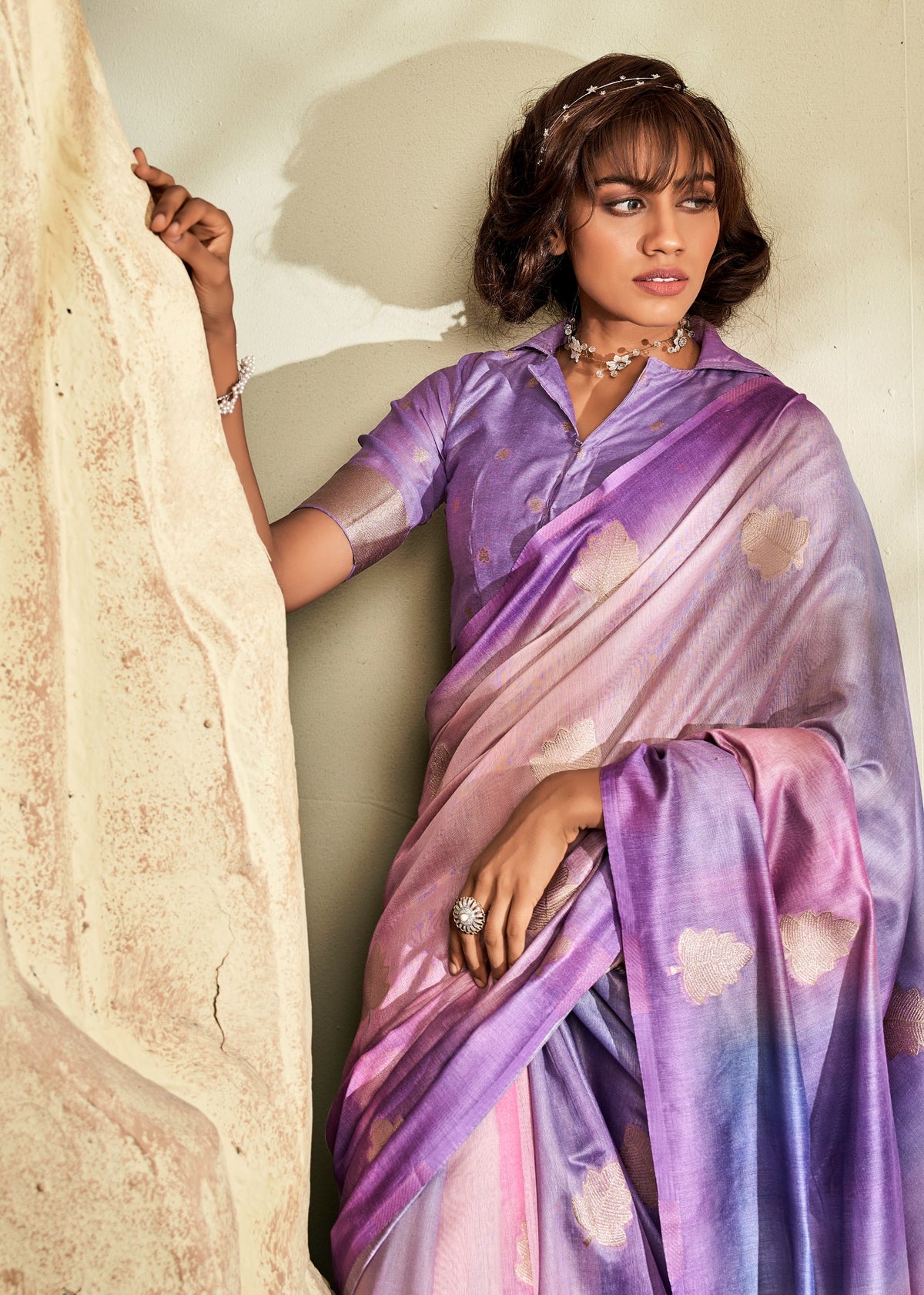 Purple Soft Handloom Silk Saree with Gold Floral Motifs & Pink Shading