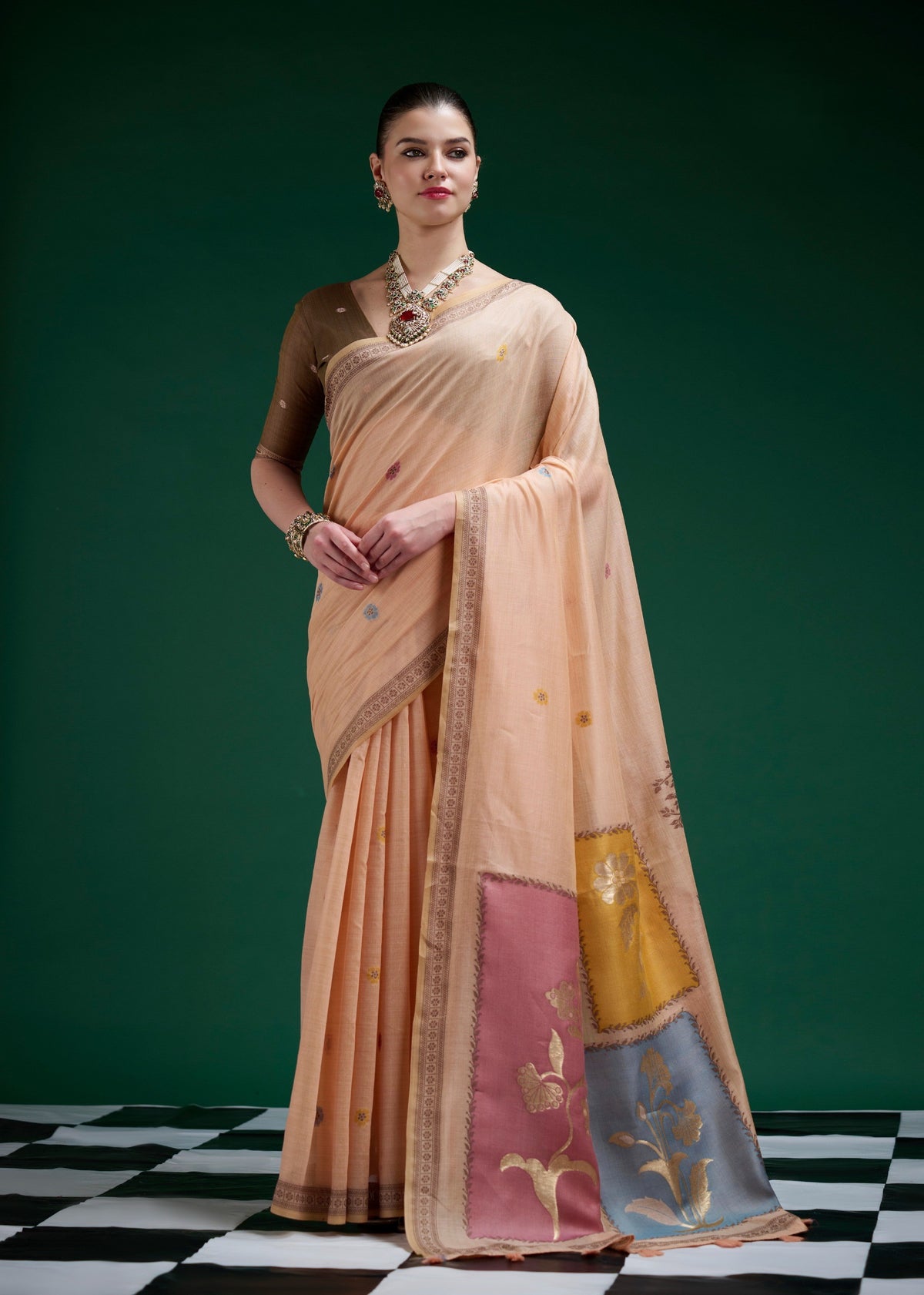 Designer Peach Jamdani Cotton Saree With Floral Woven Pallu & Tassel Detailing