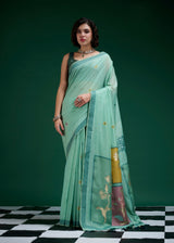 Turquoise Handwoven Saree With Artistic Floral Patchwork Pallu
