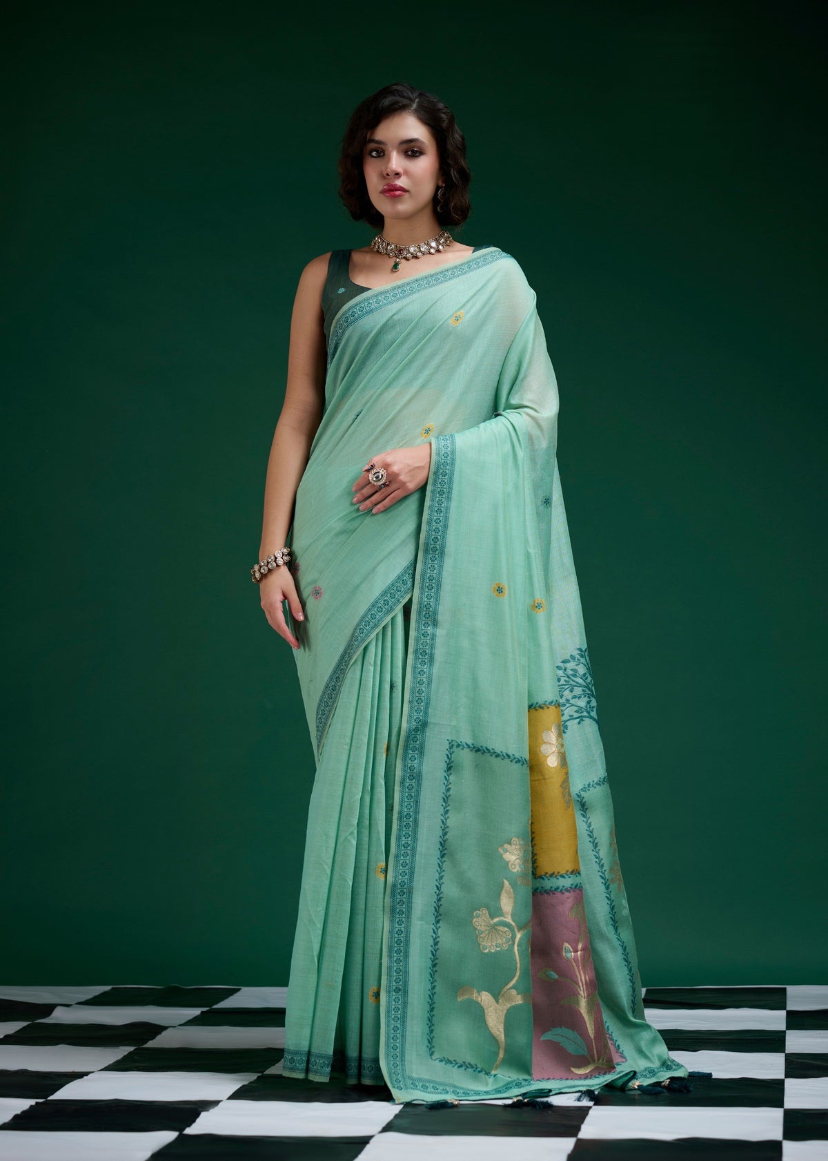 Turquoise Handwoven Saree With Artistic Floral Patchwork Pallu