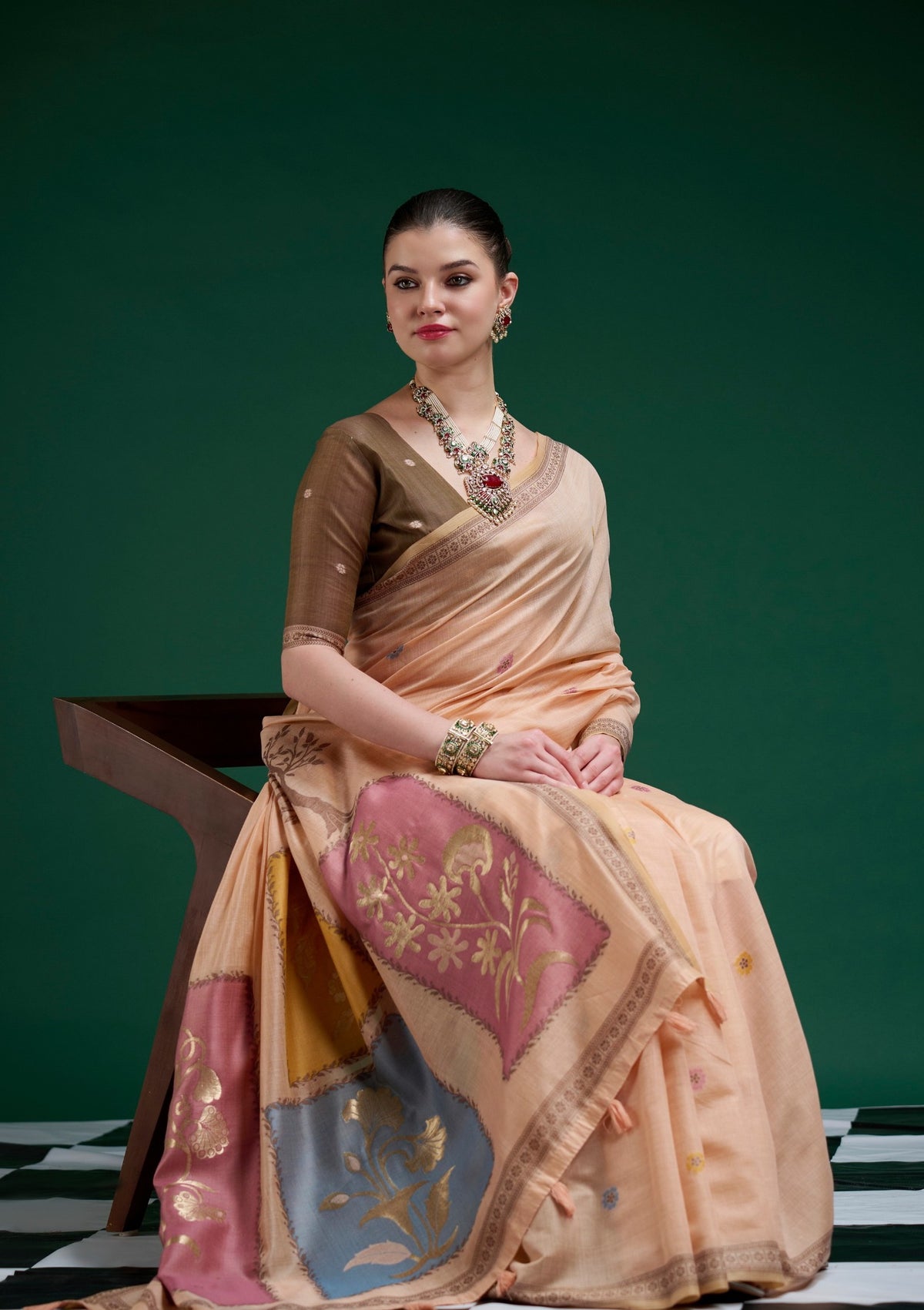 Designer Peach Jamdani Cotton Saree With Floral Woven Pallu & Tassel Detailing