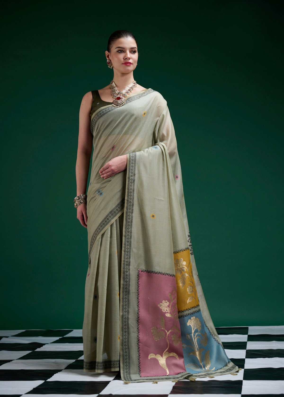 Olive Green Jamdani Cotton Saree With Gold Floral Woven Pallu & Tassel Detailing