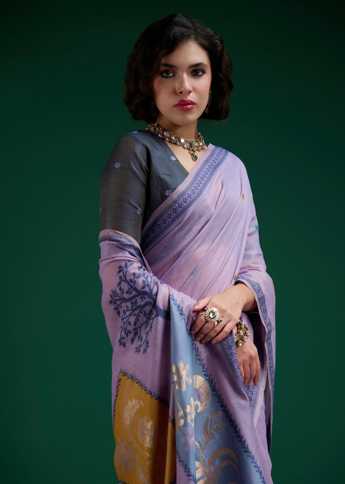 Purple Bloom Jamdani Cotton Saree with Floral Woven Pallu
