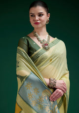 Green Jamdani Cotton Saree with Multicolour Floral Pallu