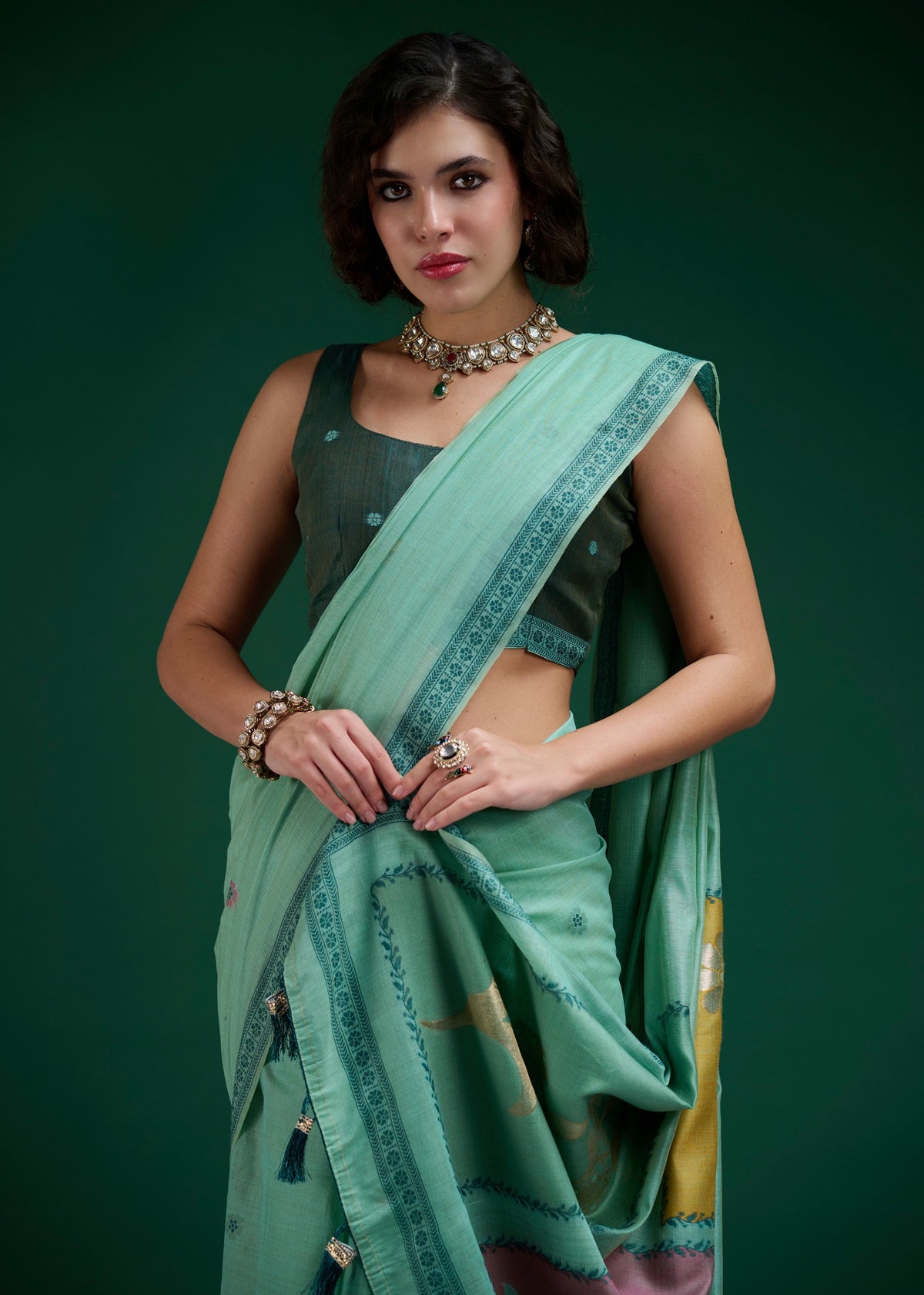 Turquoise Handwoven Saree With Artistic Floral Patchwork Pallu