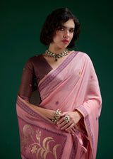 Designer Pink Jamdani Cotton Saree With Floral Zari Weaving & Tassel Pallu