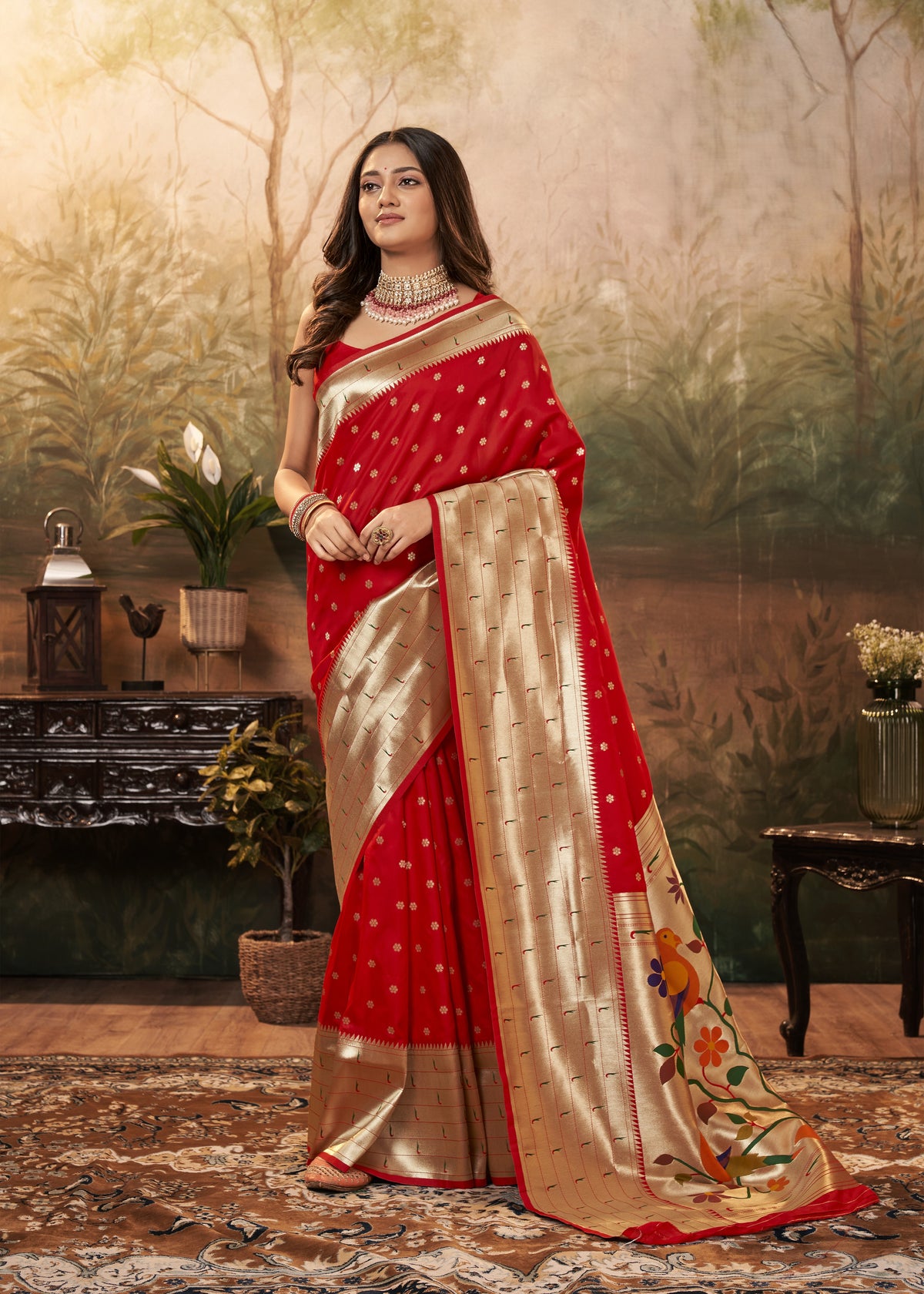 Vermilion Red Pure Paithani Silk Saree with Zari Weaving