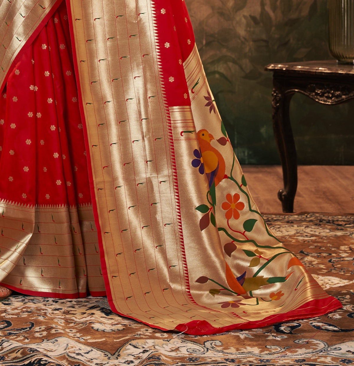 Vermilion Red Pure Paithani Silk Saree with Zari Weaving