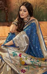 Royal Blue Pure Paithani Silk Saree with Zari Weaving