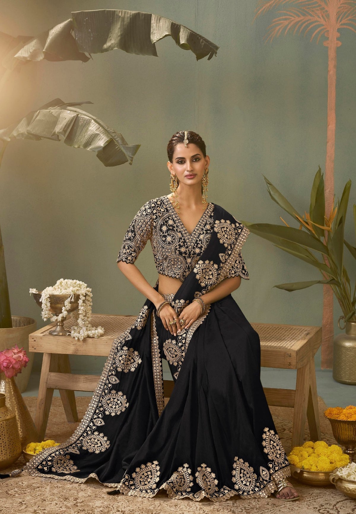 Midnight Black Silk Saree with Intricate Gota Patti Embroidery