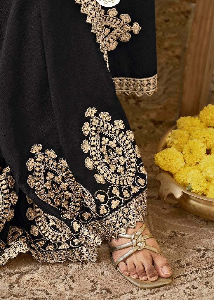 Midnight Black Silk Saree with Intricate Gota Patti Embroidery